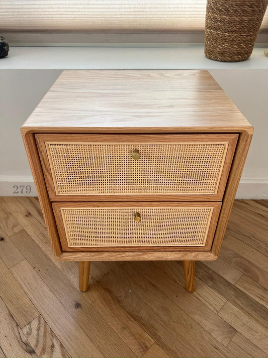 Solid Red Oak Nightstand, Bedside Table. Natural Rattan Drawer Surfaces. Bedroom Furniture.