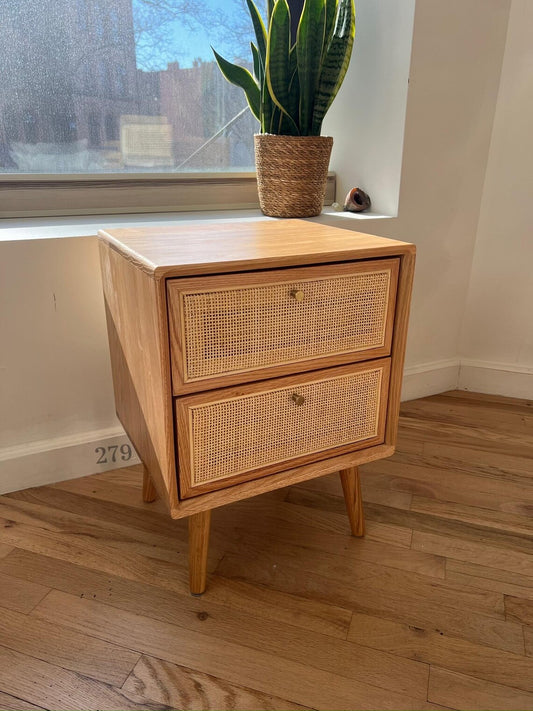 Solid Red Oak Nightstand, Bedside Table. Natural Rattan Drawer Surfaces. Bedroom Furniture.