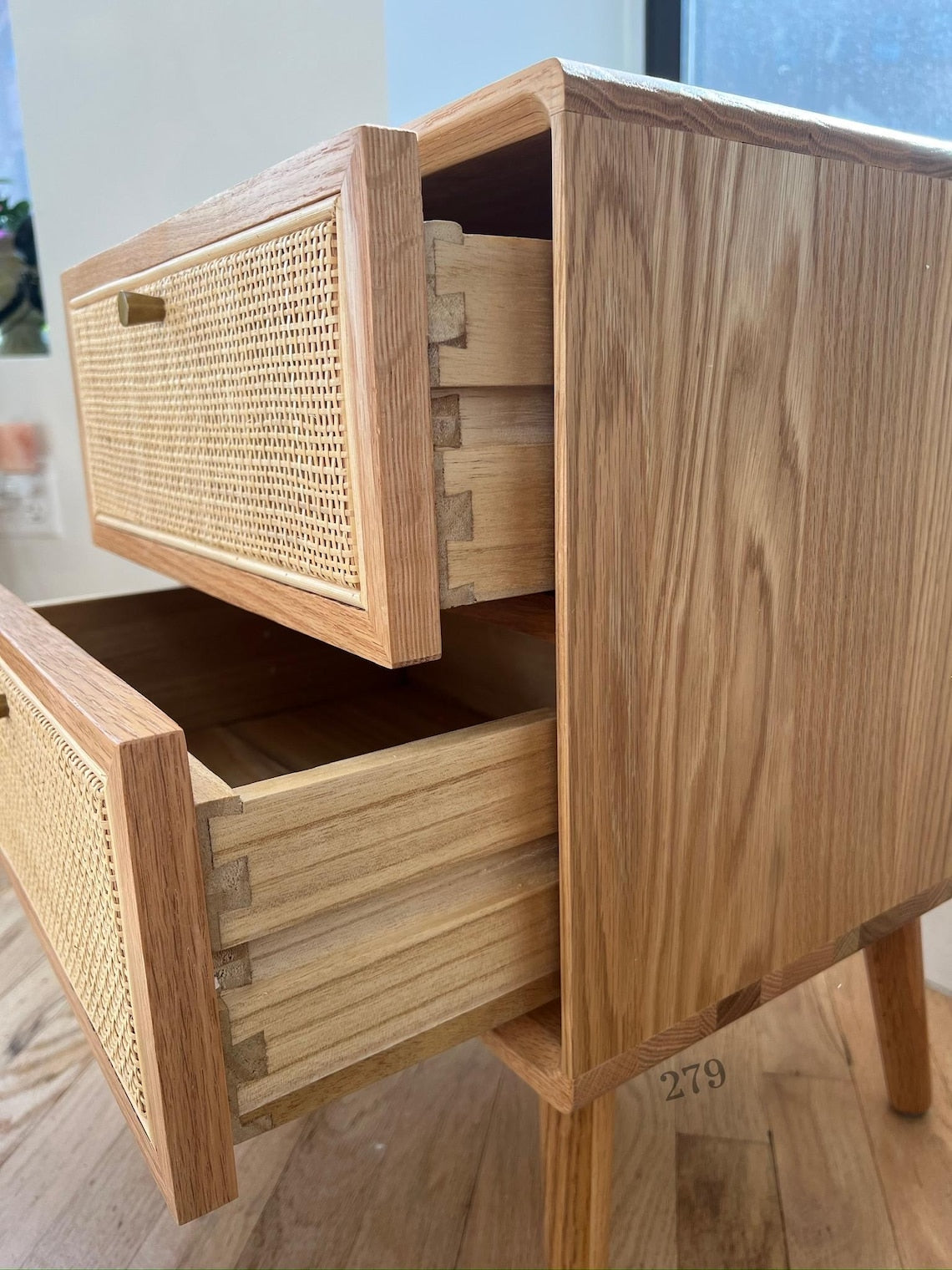 Solid Red Oak Nightstand, Bedside Table. Natural Rattan Drawer Surfaces. Bedroom Furniture.