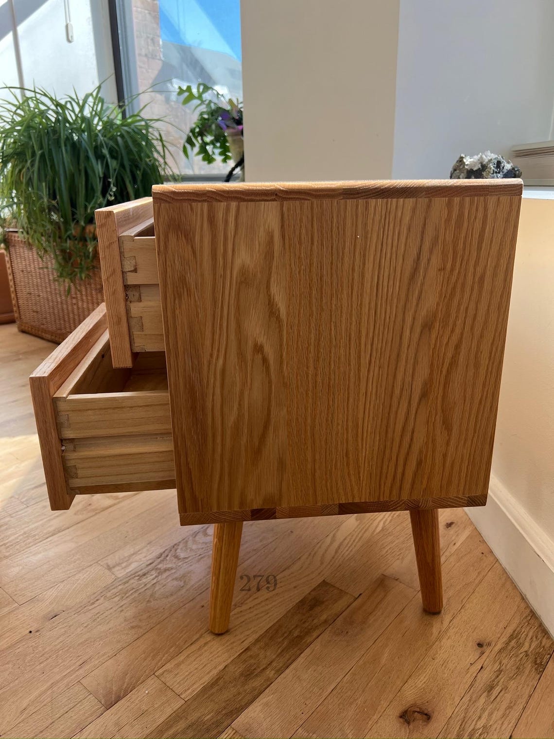 Solid Red Oak Nightstand, Bedside Table. Natural Rattan Drawer Surfaces. Bedroom Furniture.