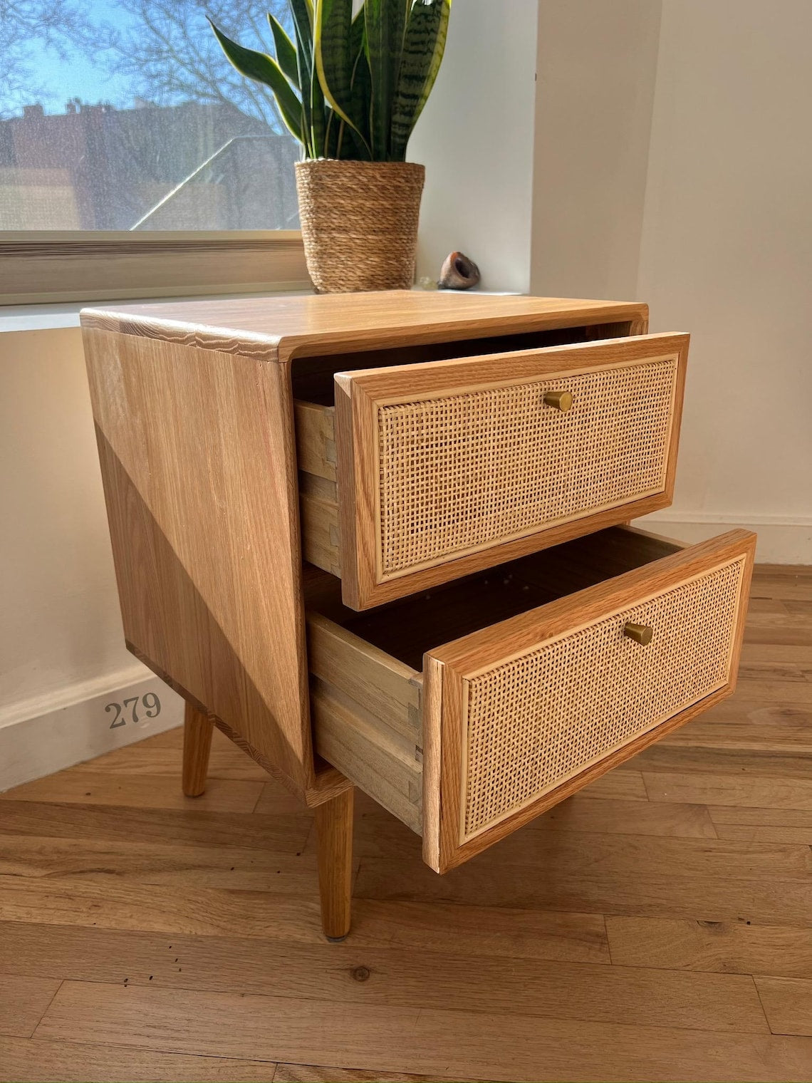 Solid Red Oak Nightstand, Bedside Table. Natural Rattan Drawer Surfaces. Bedroom Furniture.