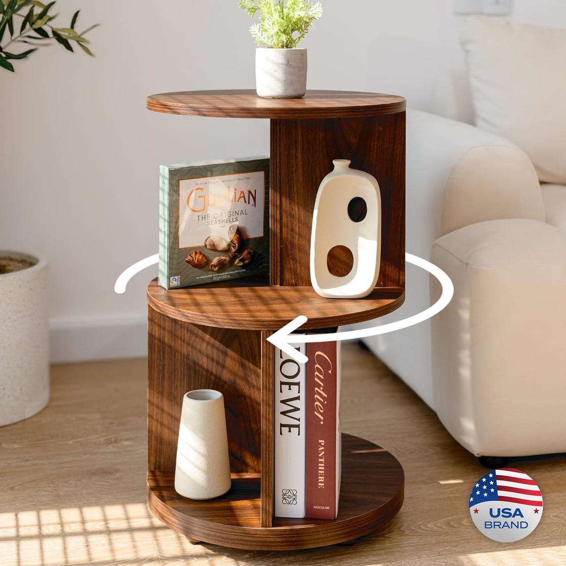 Mid Century Modern Round Side Table: 3-Tier MDF Accent Table