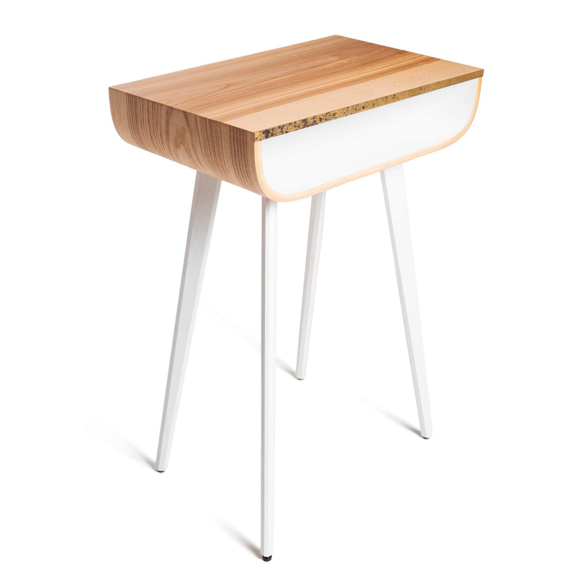 Free Standing Tall Night stand, Modern Wood Bedside Nightstand, Living Room Side Table with Storage, Golden Brass Detail