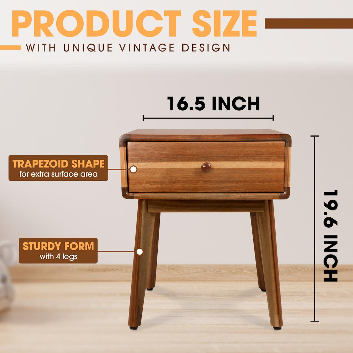 Mid Century Acacia Nightstand: Handcrafted Bedroom Side Table with Acrylic Coating