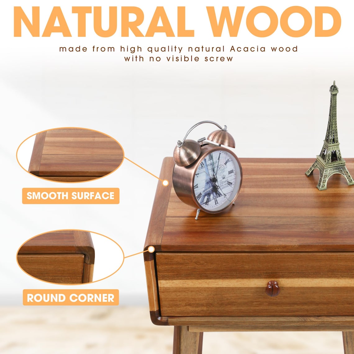 Mid Century Acacia Nightstand: Handcrafted Bedroom Side Table with Acrylic Coating