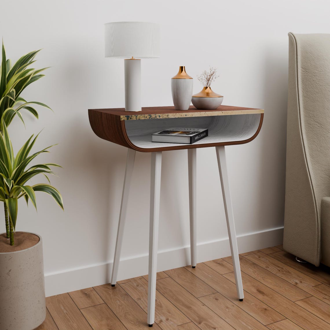 Free Standing Tall Night stand, Modern Wood Bedside Nightstand, Living Room Side Table with Storage, Golden Brass Detail