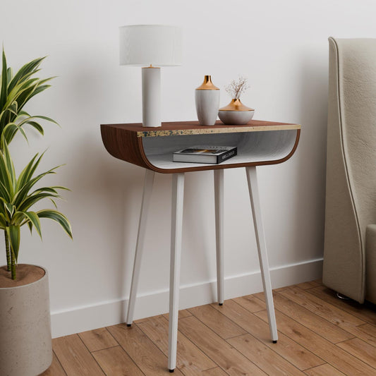 Free Standing Tall Night stand, Modern Wood Bedside Nightstand, Living Room Side Table with Storage, Golden Brass Detail