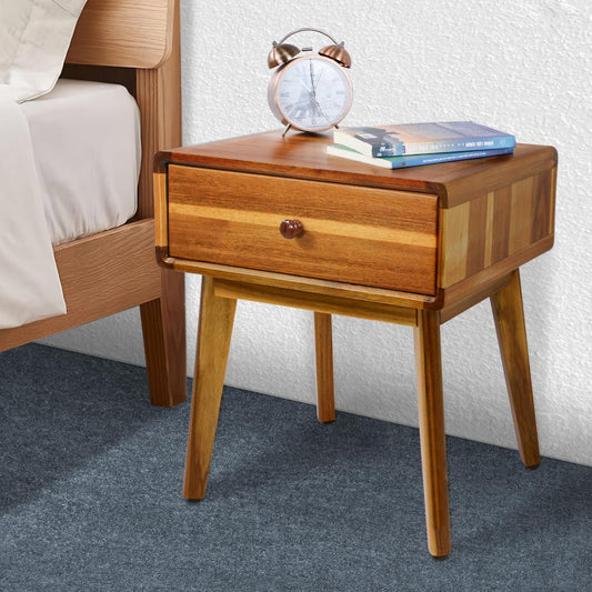 Mid Century Acacia Nightstand: Handcrafted Bedroom Side Table with Acrylic Coating