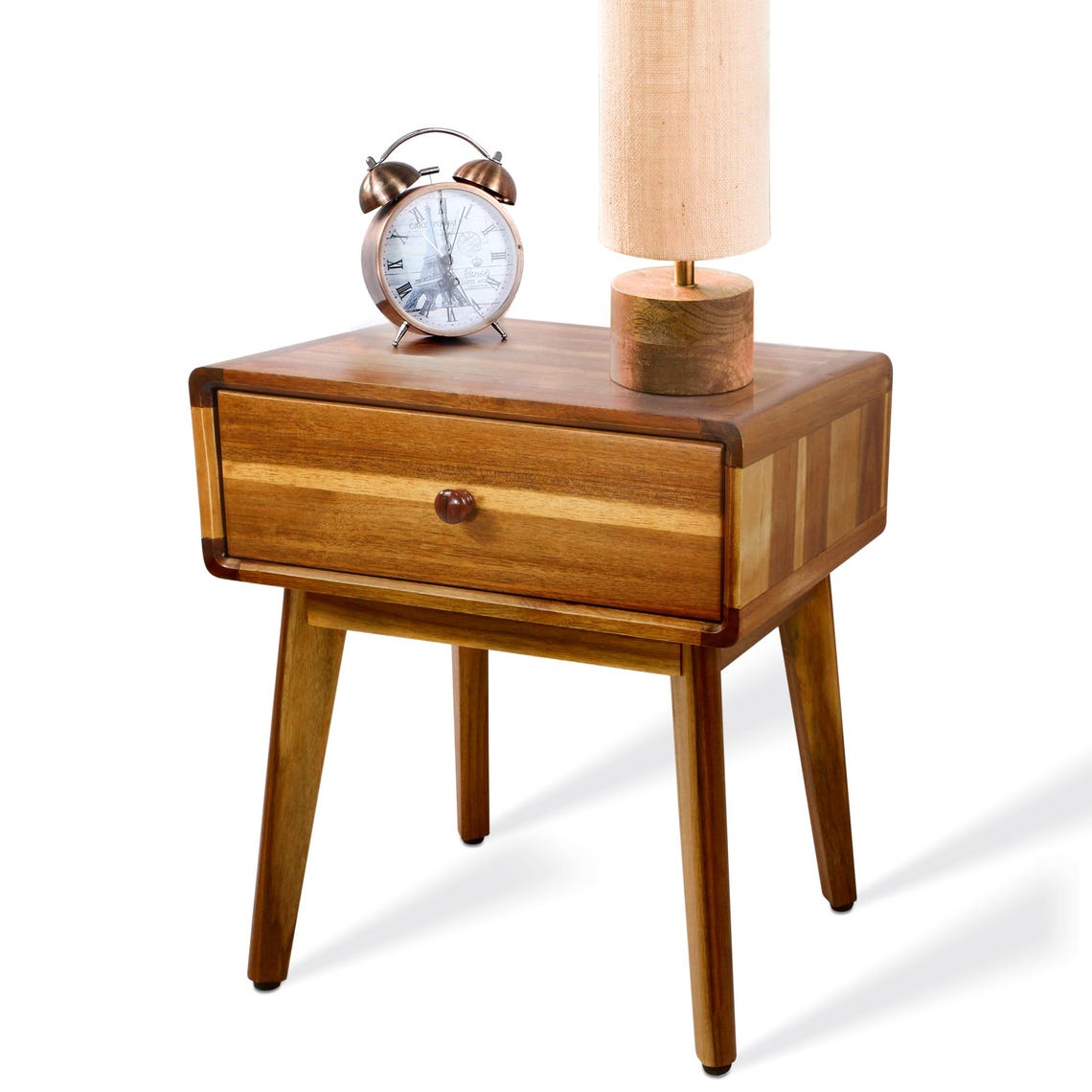 Mid Century Acacia Nightstand: Handcrafted Bedroom Side Table with Acrylic Coating