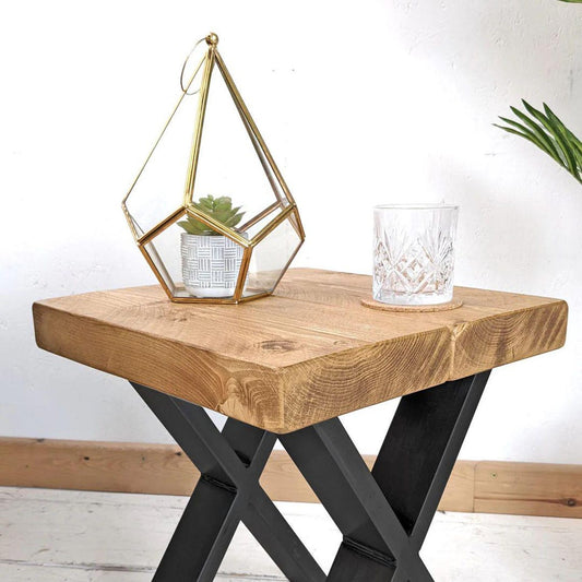 Rustic Industrial Side Table with Solid Wood Top & Black Metal X Legs – Handmade Accent Table
