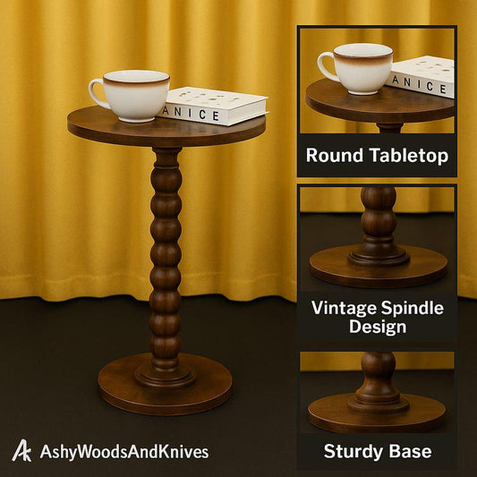 Round Wooden Accent Side Table with Carved Spindle Side Table– Small Sofa End Table, Modern Bedside Coffee Table for Living Room & Bedroom
