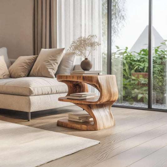 Handcrafted Natural Wooden Side Table with Shelves