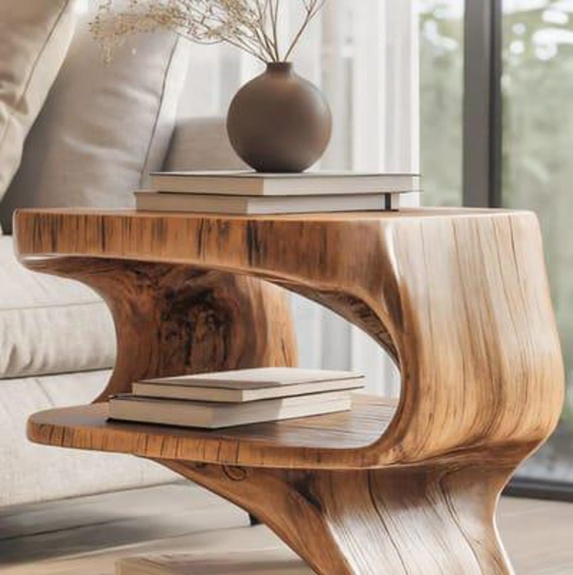 Handcrafted Natural Wooden Side Table with Shelves