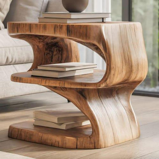 Handcrafted Natural Wooden Side Table with Shelves