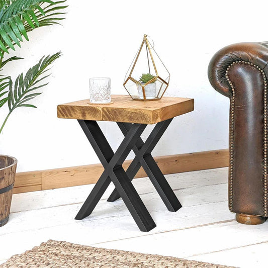 Rustic Industrial Side Table with Solid Wood Top & Black Metal X Legs – Handmade Accent Table