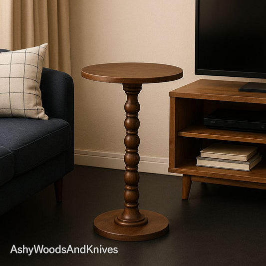 Round Wooden Accent Side Table with Carved Spindle Side Table– Small Sofa End Table, Modern Bedside Coffee Table for Living Room & Bedroom