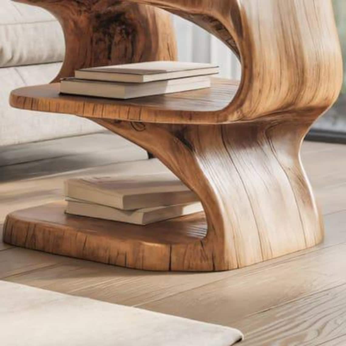 Handcrafted Natural Wooden Side Table with Shelves