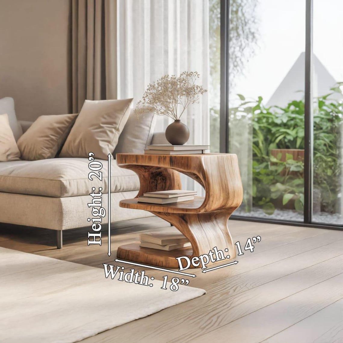 Handcrafted Natural Wooden Side Table with Shelves