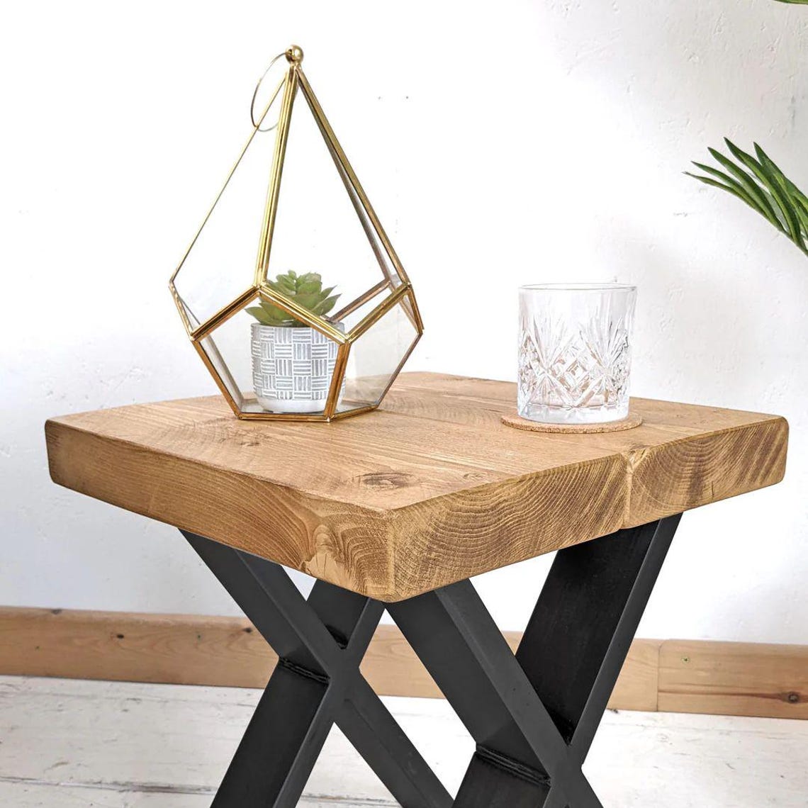 Rustic Industrial Side Table with Solid Wood Top & Black Metal X Legs – Handmade Accent Table